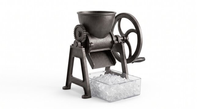 Vintage manual cast iron ice crusher machine with hand crank and crushed ice container isolated on white background