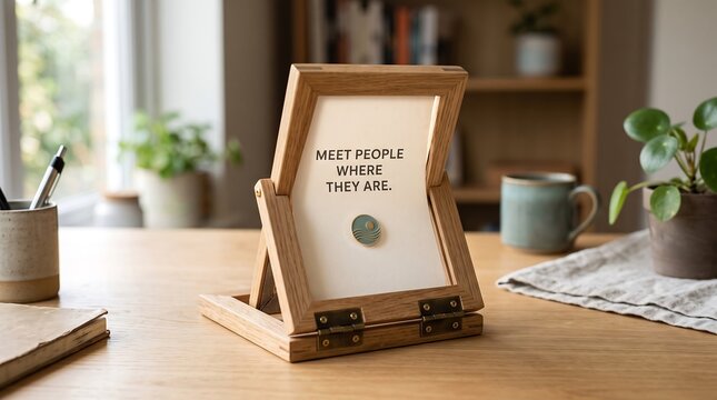 Wooden picture frame with inspirational quote on office desk