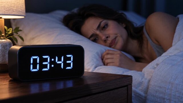 A woman who can't fall asleep until late at night. Insomnia, sleep disorder, nighttime anxiety, stress and exhaustion concept. In the video, the focus are on the digital clock.