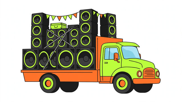 Lime green orange cartoon truck with black lime speakers heavy bass sound