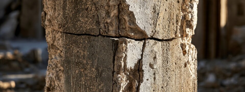 Close-Up of Cracked Concrete Architectural Column Showing Weathered Textures and Structural Integrity Challenges