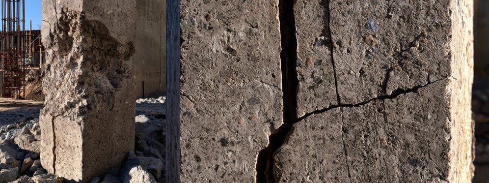 Detailed Close-up of a Cracked Concrete Architectural Column Under Construction