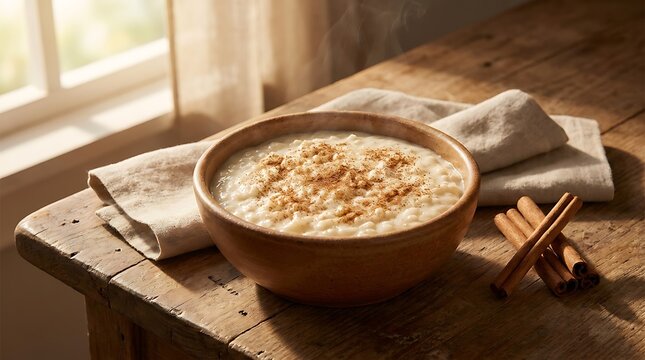 A warm bowl of healthy oatmeal with nuts served on a wooden table near a bright sunny window view. 
arroz doce
