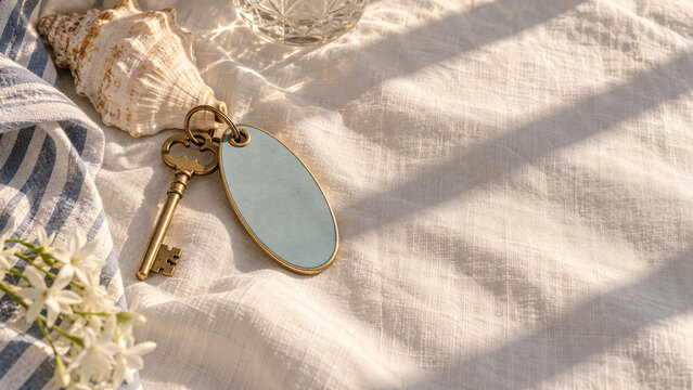 Vintage Coastal Hotel Key on Linen with Summer Sunlight