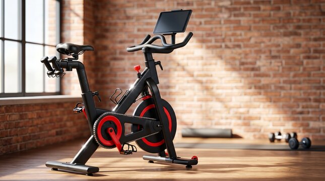 indoor cycling bike, Exercise bike in modern loft gym with brick wall and sunlight  