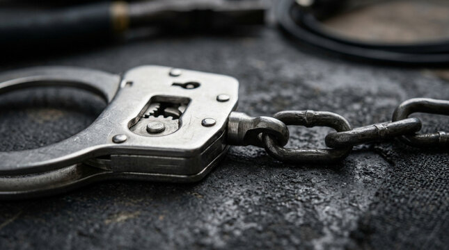 Close-up of Metal Handcuffs with Chain, Criminal Justice Concept