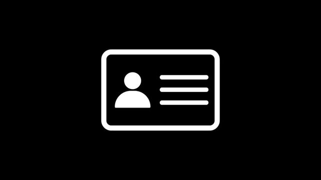 Animated ID Card Icon on black background. User Profile and Information Lines, Personal Identification, Identity Document, Employee Badge, Account, Membership and Interface Overlay Video.
