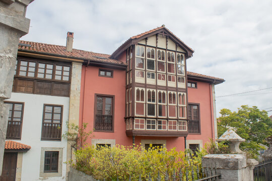Traditional horreo style bay window building in Colombres, Asturias