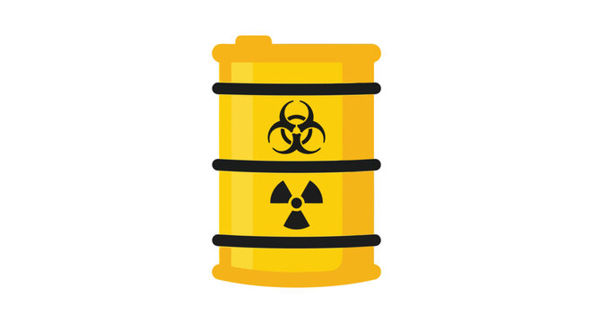 Yellow metal drum with biohazard and radiation symbols is isolated on white