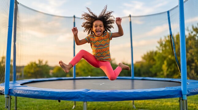 child jumping on a trampoline, Young black girl jumping on trampoline outdoors at sunset