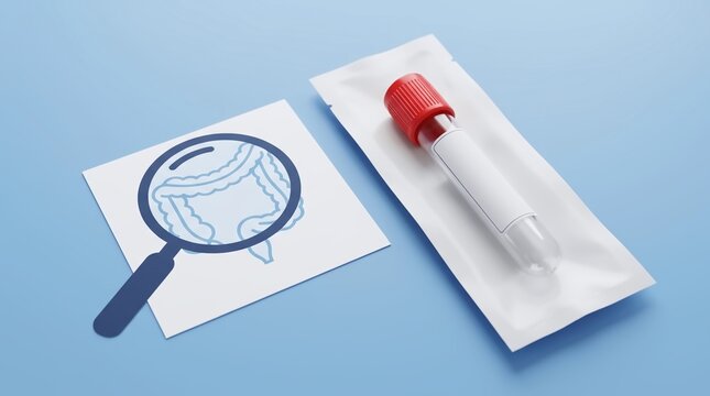 A medical test tube in sterile packaging lies next to a paper drawing of intestines with a magnifying glass icon on a blue background.