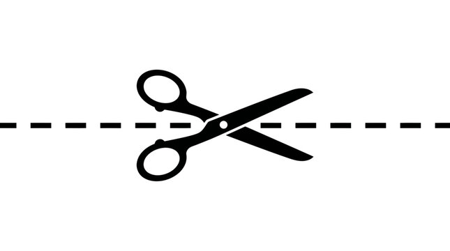 Black vector scissors cutting along horizontal dashed line for graphic design and craft projects