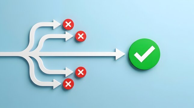 Multiple white arrows diverge from a single path with some leading to red X marks and one leading to a green circle with a white checkmark symbolizing choice outcome and success.