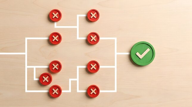 Decision making process with multiple rejected options and one approved choice visualized with red crosses and a green checkmark on a wooden background.