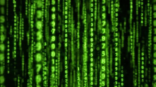 Digital matrix falls in dark background with numbers in green visuals