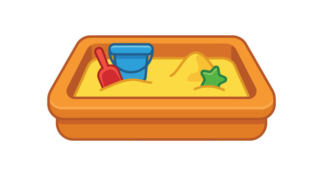 Sand box with bucket shovel and sandcastle toys is a colorful vector illustration