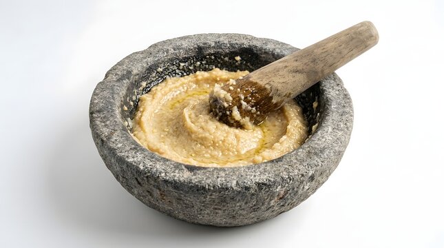 Traditional Indonesian shallot paste freshly crushed in a rustic stone mortar and pestle, a fundamental aromatic spice base or bumbu used in authentic Southeast Asian cooking and culinary dishes.
