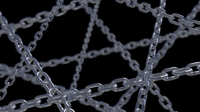 Abstract 3d render of interconnected metal chains forming a complex geometric structure against a deep black background
