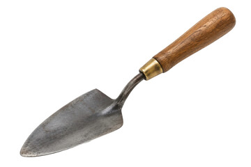 Fototapeta premium Single vintage garden trowel with a sturdy wooden handle and weathered metal blade, isolated on a clean white background