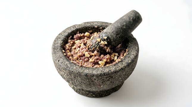 Traditional Indonesian stone mortar and pestle with freshly crushed shallot and garlic paste, an essential aromatic herb base for authentic cooking and spicy seasonings on white background.