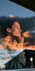 Obraz premium Woman looking out window with sunset reflection and warm glow for thoughtful wallpaper and evening background for cozy lifestyle scenes