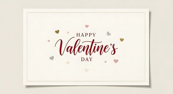 A minimalist happy valentine's day greeting card on a light beige background features elegant red script lettering with subtle decorative hearts in various muted colors