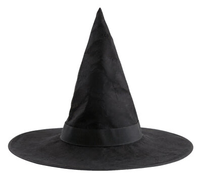 Classic black witch hat with a pointed crown and wide brim is isolated on a clean white background
