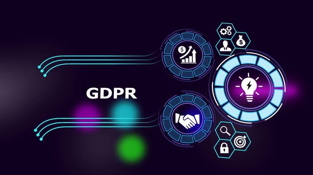 Gdpr general data protection regulation concept with digital hud interface featuring glowing light bulb innovation financial growth charts, and business handshake symbols for corporate security