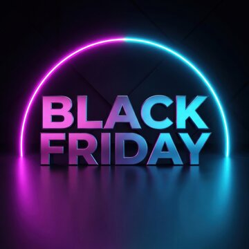 3d black friday text with neon circular light frame on dark background