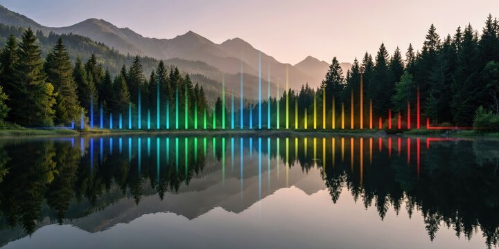 Digital rainbow sound wave spectrum over a mountain lake and pine forest