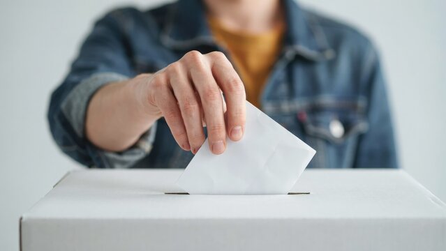 Person in denim jacket inserting a white ballot paper into a voting box