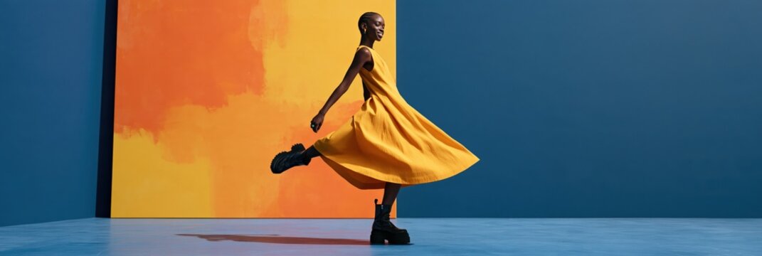 Fashion model twirling in a flowing yellow dress with dramatic silhouette against an orange panel and blue studio wall for editorial poster and fashion banner in a minimalism style