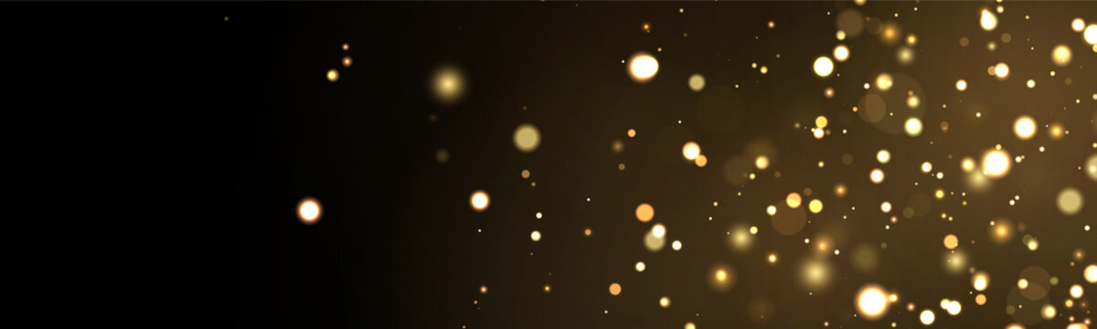 Soft golden bokeh lights scatter diagonally across a dark background. The glowing orbs vary in size and opacity with warm yellow and orange hues. This image conveys a festive mood ideal for.