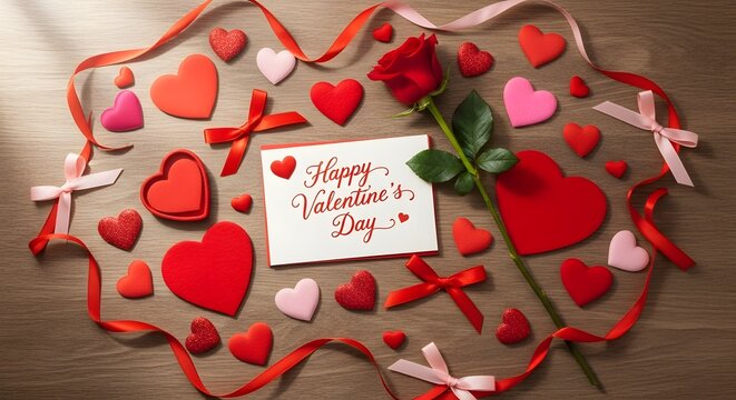 Valentine's Day arrangement with rose, hearts, ribbons, and greeting card on wooden background, perfect for romantic celebrations and gifts