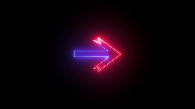 Abstract glowing red blue neon light right arrow indicator animation loop on black background for directional pointer next forward sign graphic motion overlay