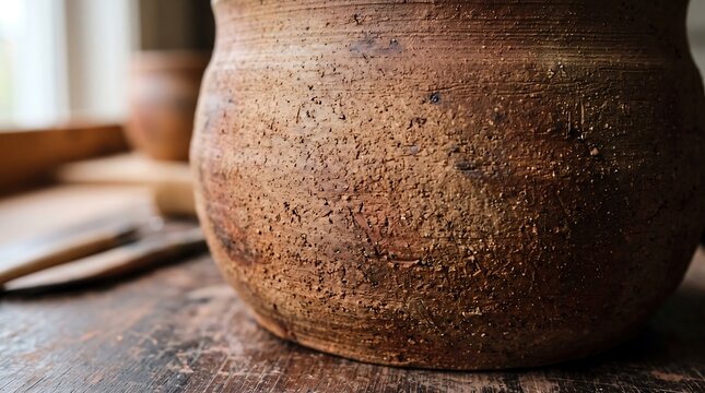 Handcrafted terracotta pottery jar with textured surface resting on wooden workbench in artisan studio