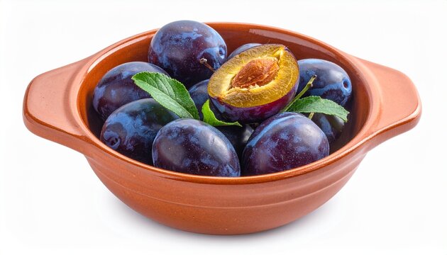 A rustic ceramic bowl filled with fresh ripe purple plums and green leaves isolated on a white background for healthy nutrition concept.