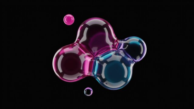 Merged pink and blue translucent liquid spheres on black background