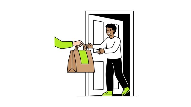 Man receiving paper bag from courier at doorway food delivery service