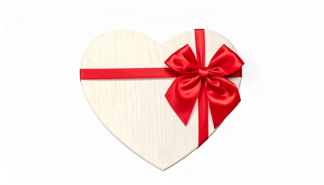 A beautiful heart shaped gift box with a luxurious red satin ribbon bow isolated on a clean white background for romantic celebration themes.