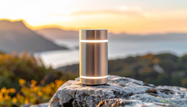 Modern cylindrical portable electronic device glowing with soft light placed on a rugged mountain rock during a beautiful golden sunset outdoors.