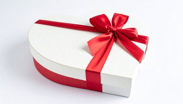 A white heart shaped gift box with a luxurious red satin ribbon bow isolated on a clean white background for romantic holiday celebrations.
