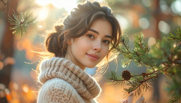 A beautiful young woman wearing a warm knit sweater posing in a scenic forest setting with golden sunlight highlighting her natural appearance.