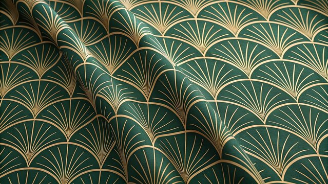 Art deco seamless pattern with golden fan motifs on a rich dark background, featuring elegant geometric repeating shapes perfect for luxury wallpaper, fashion textiles, and sophisticated packaging.