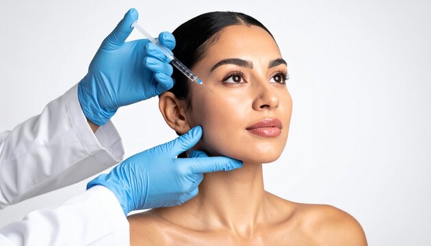 Professional beauty specialist applying facial injection to the cheek of a beautiful woman for skin rejuvenation and aesthetic enhancement.
