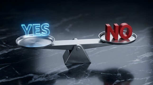 Balance scale weighing YES against NO with YES illuminated and on the left side representing decision making and choice