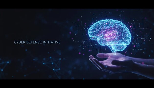 Generative AI illustration of hands holding a glowing digital brain hologram, representing artificial intelligence and cyber defense concept