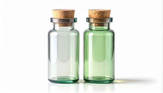Two elegant glass apothecary bottles with natural cork stoppers isolated on a white background perfect for essential oils and wellness branding.