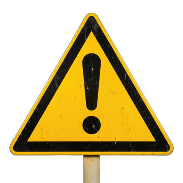 Realistic yellow warning sign with black exclamation point isolated on transparent background