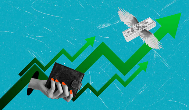 Art collage showing a hand reaching out with a wallet while money flies upwards alongside green arrows